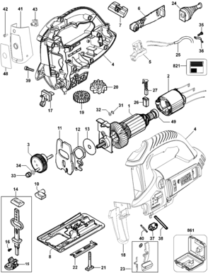 Default Diagram and Parts List for JS650LK-AR Type 1 Black and Decker Jig Saw